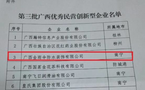 【企业荣誉】金雨伞被认定为广西优秀民营创新企业